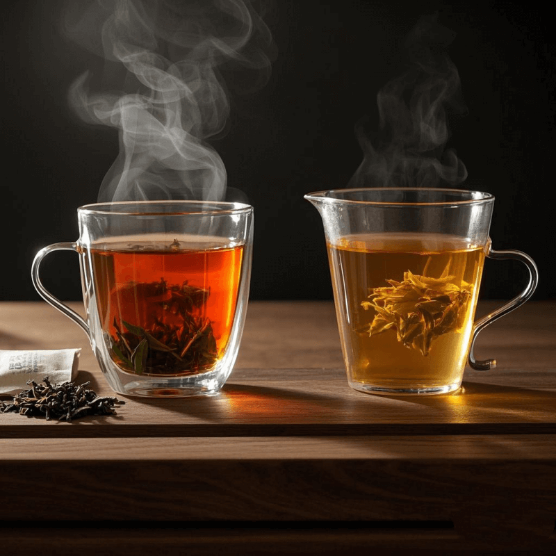 Comparison of oolong tea brewed incorrectly with bitterness versus properly brewed oolong tea showing smooth floral taste, highlighting the importance of brewing oolong.