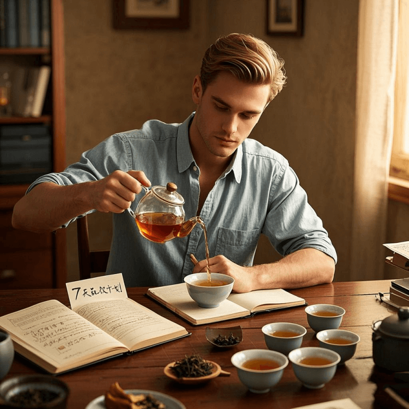 A tea enthusiast practicing brewing oolong with gaiwan and tasting notes, exploring different types of oolong through a 7-day tasting plan.