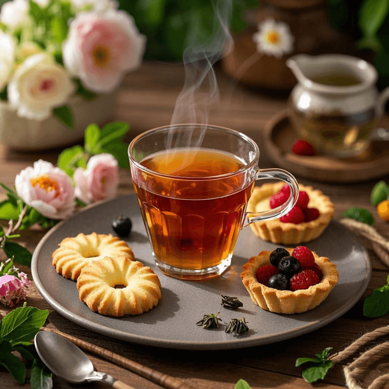 A cup of milk oolong tea paired with butter cookies and fruit tarts, highlighting flavor notes of Jin Xuan oolong and Taiwanese oolong tea.