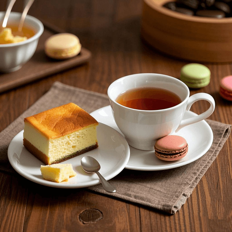 Elegant afternoon setup with Milk Oolong Tea served with dessert, showing the relaxing benefits and how to brew Tea for pairing.