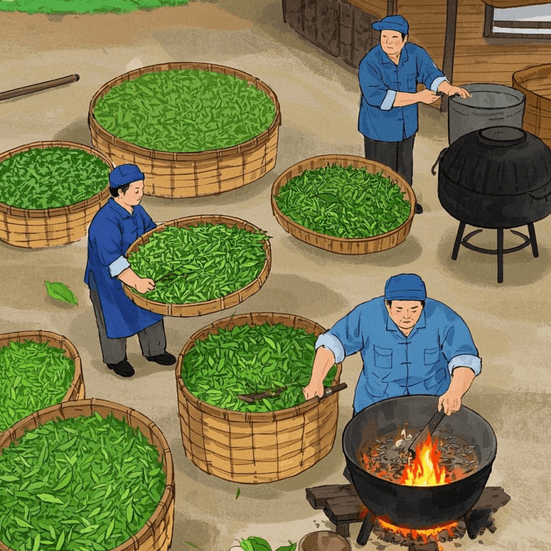 Traditional Oolong Tea production steps showing withering, oxidation, rolling, and roasting, highlighting craftsmanship in the Oolong Tea brewing guide.